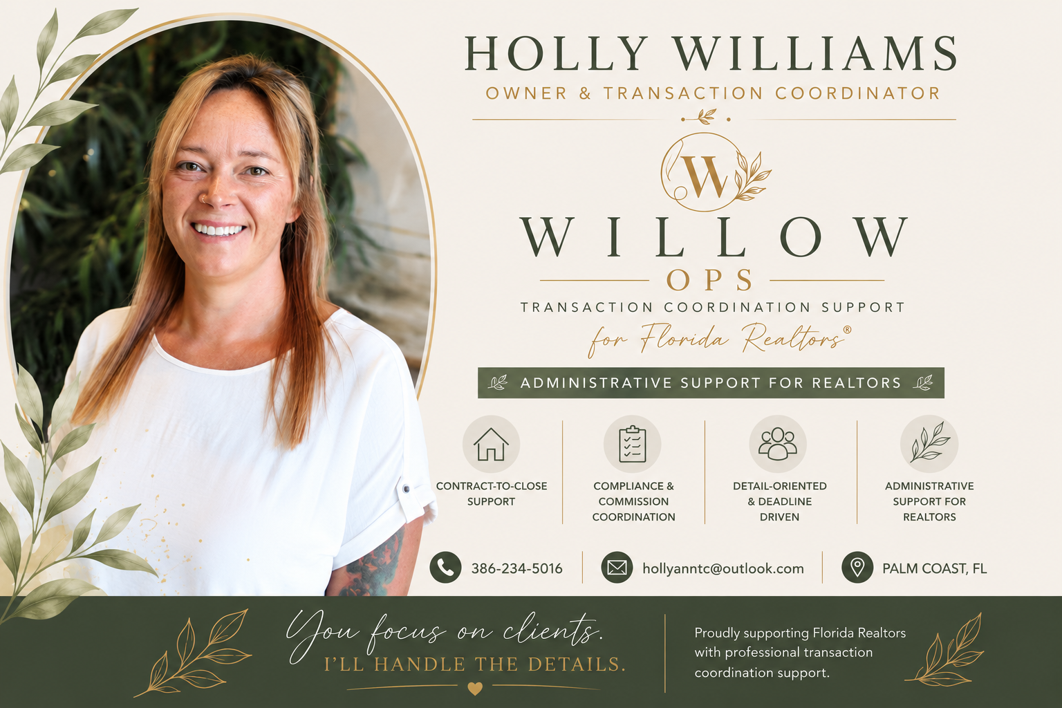 Holly Williams, owner and transaction coordinator at Willow Ops, with details of her Florida real estate support services.
